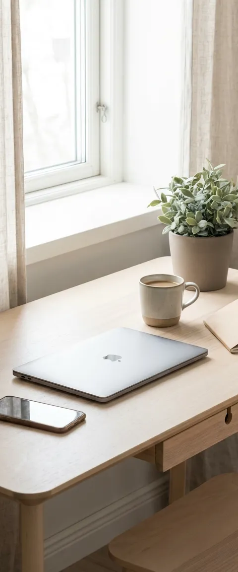 Ett lugnt skrivbord med stängd laptop och en kopp kaffe i morgonljus